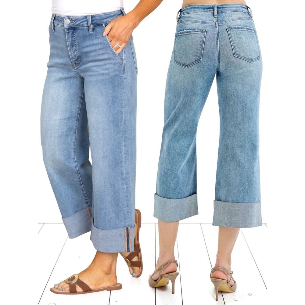 Risen High Rise Tummy Control Ankle Wide Leg Cuffed Jeans Light Medium Wash NWT - Picture 2 of 12